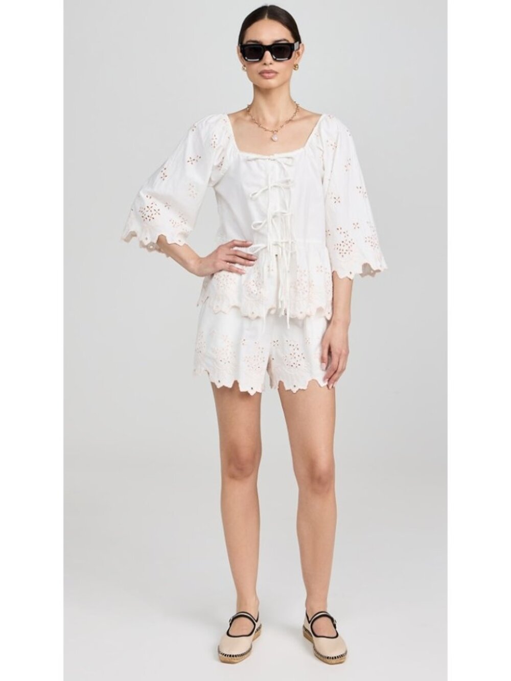 Damson Madder Lana Blouse & Short SET White Broderie Tie Cotton Cottage Boho 6 - Picture 3 of 12